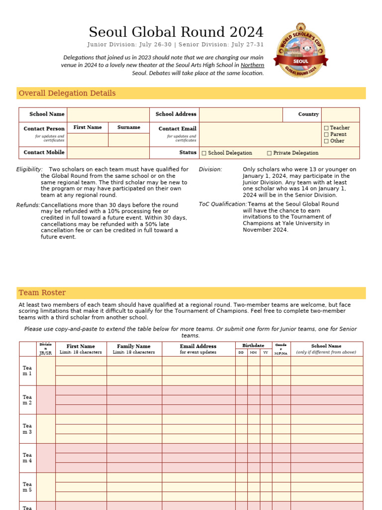 WSC Seoul Global Round 2024 Registration Form | PDF