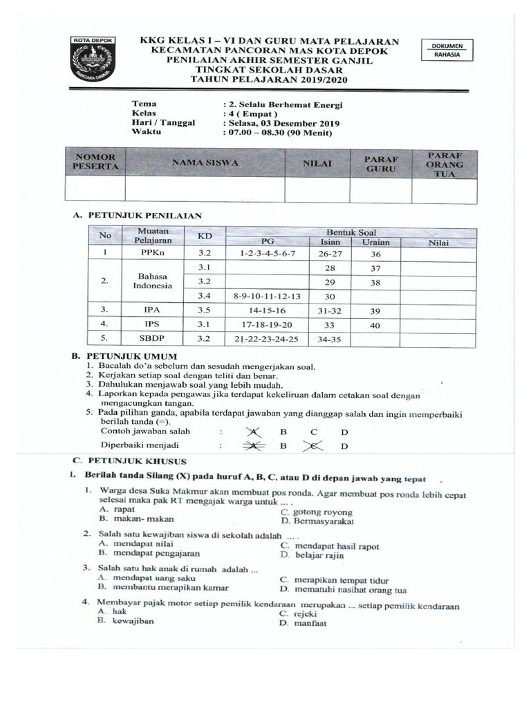 Pas Ganjil Kelas 4 Tema 2 2019 Pdf