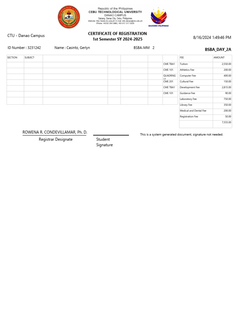1st Semester Registration Summary | PDF