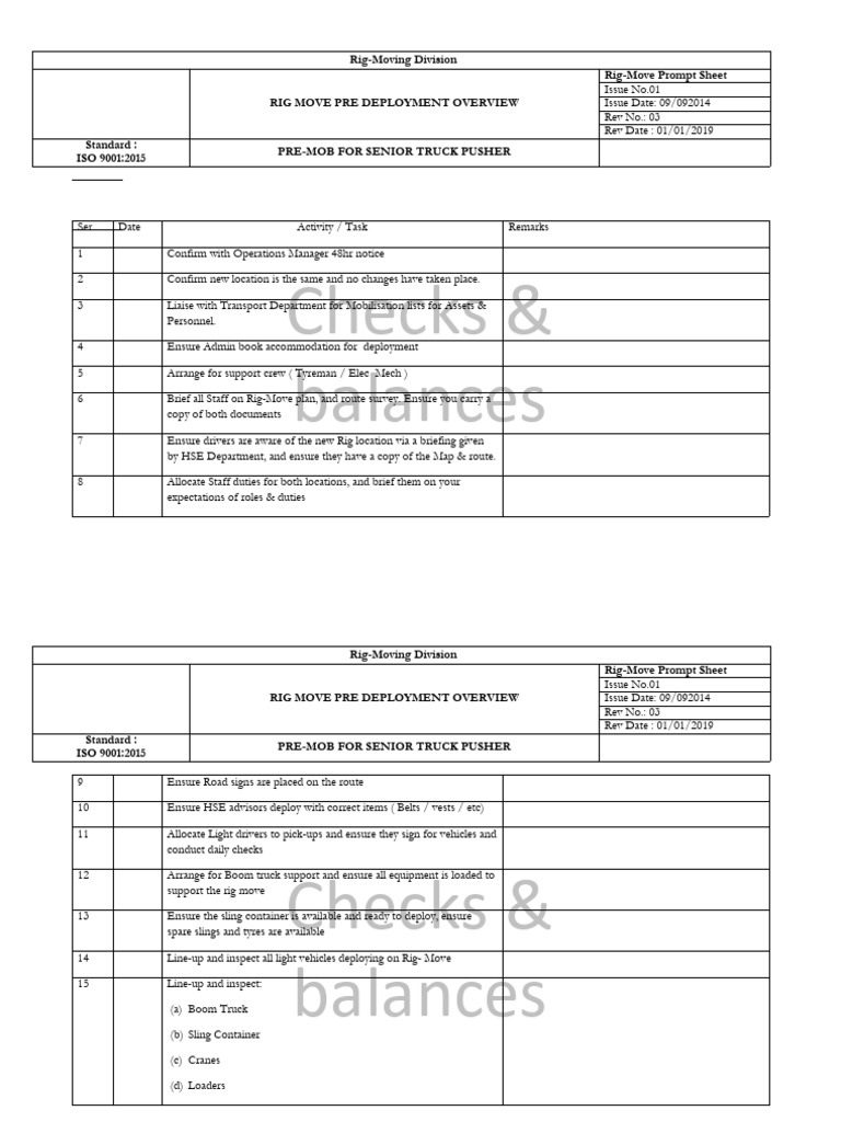 Rig Move Pre-Deployment Checklist | PDF | Land Vehicles | Finance ...