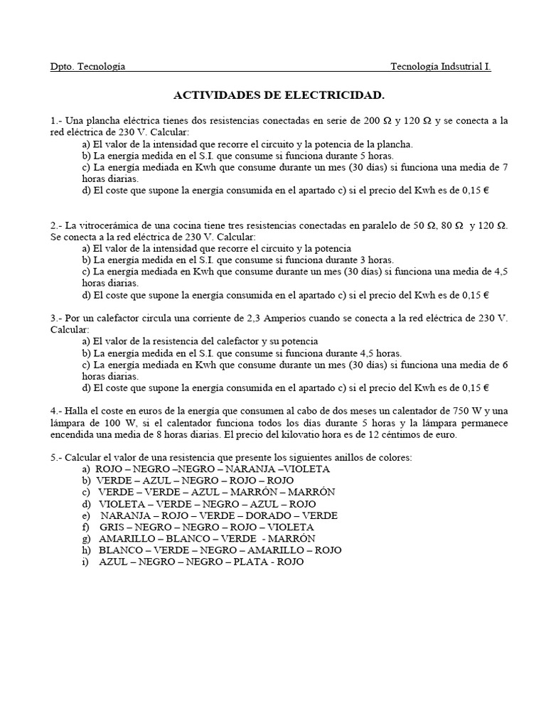 Actividades Electricidad | PDF | Corriente eléctrica | Resistencia ...