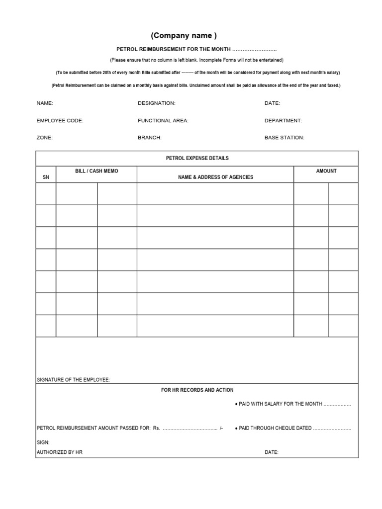 Monthly Petrol Reimbursement Form | PDF