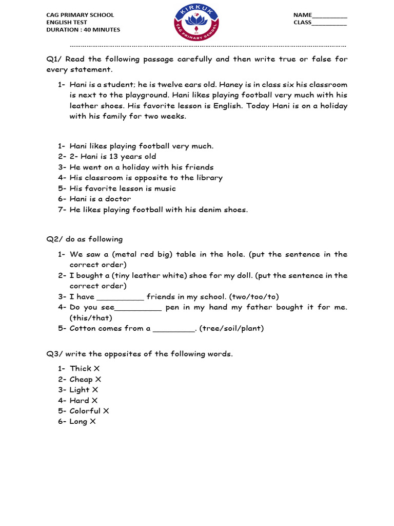English Test 6th Grade Unit 2 | PDF