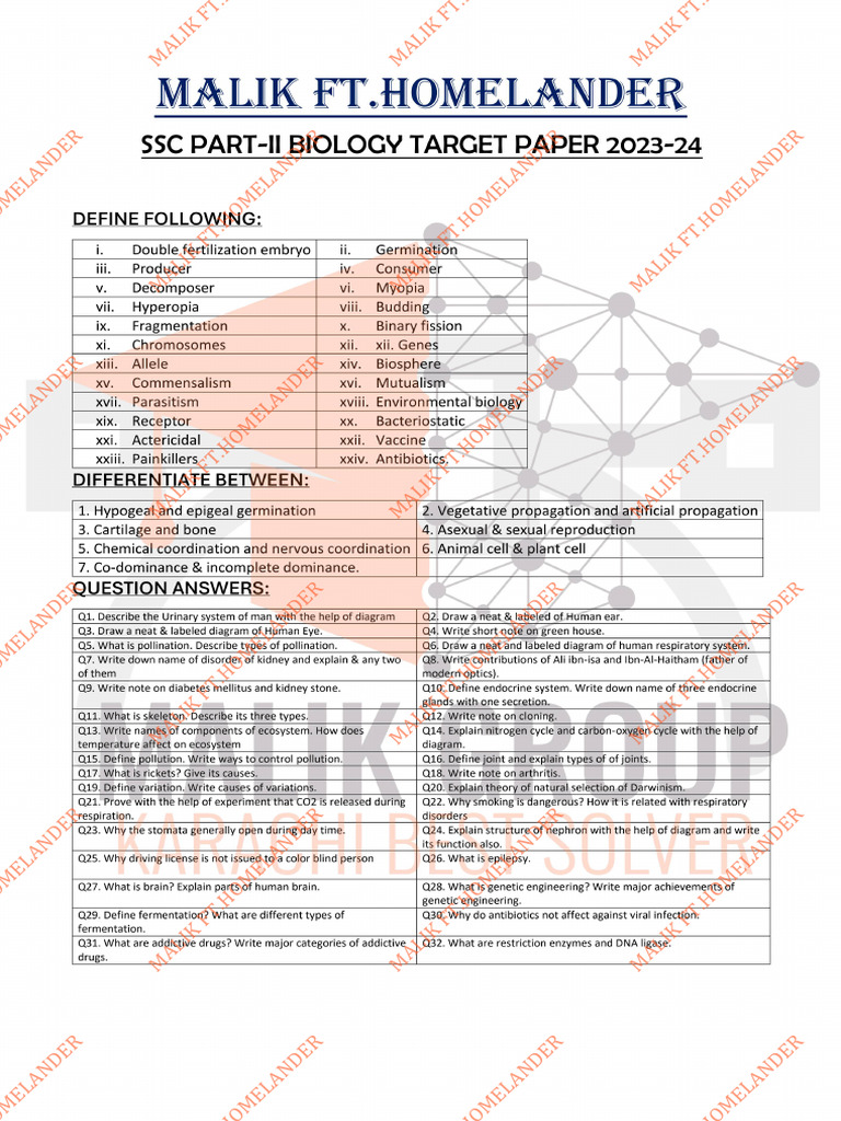 X Biology - Target Paper 2024 - Malik FT - Homelander | PDF