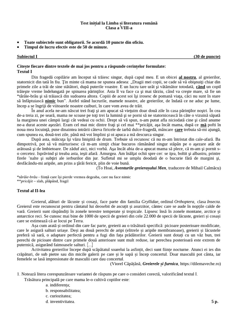 Test Initial Clasa A 8 A | PDF