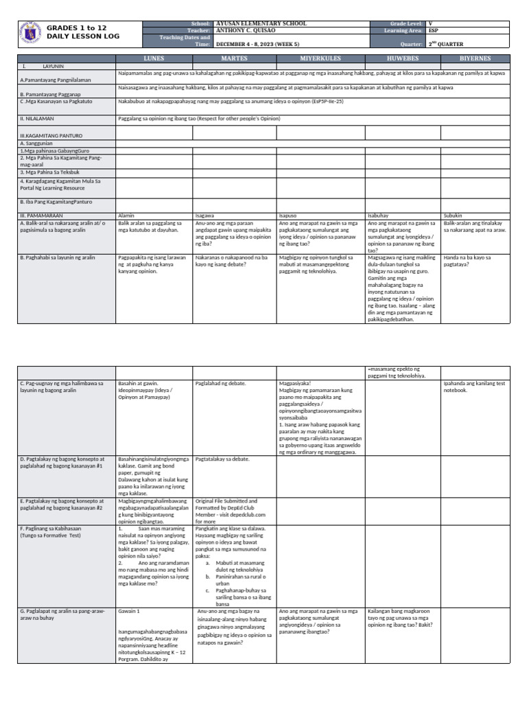 DLL - Esp 5 - Q2 - W5 | PDF