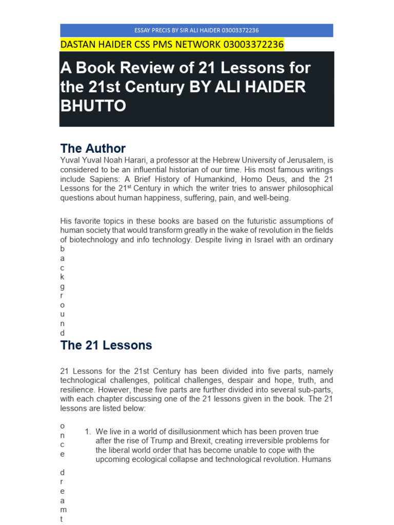 A Book Review of 21 Lessons For The 21st Century by ALI HAIDER BHUTTO ...