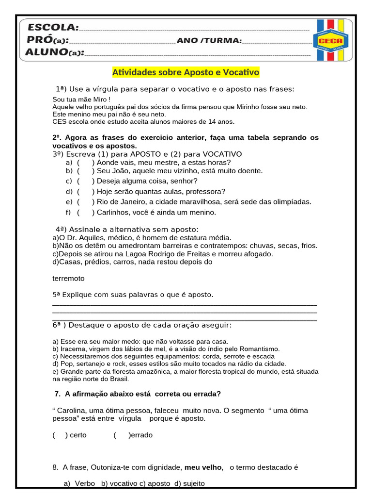 ATIVIDADE APOSTO E VOCATIVO (1) | PDF