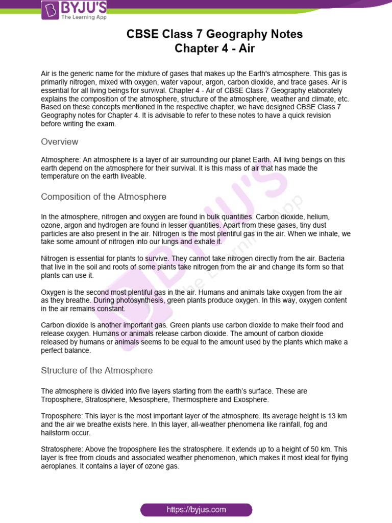 Cbse Class 7 Geography Notes Chapter 4 Air Pdf
