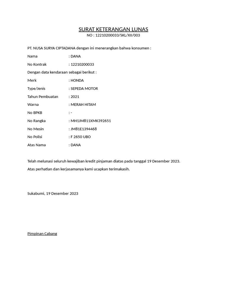 Surat Keterangan Lunas | PDF