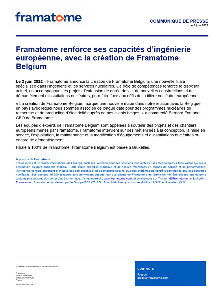Framatome Renforce Ses Capacites Dingenierie Europeenne Avec La ...