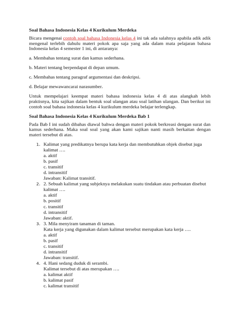 Soal Bahasa Indonesia Kelas 4 Kurikulum Merdeka | PDF