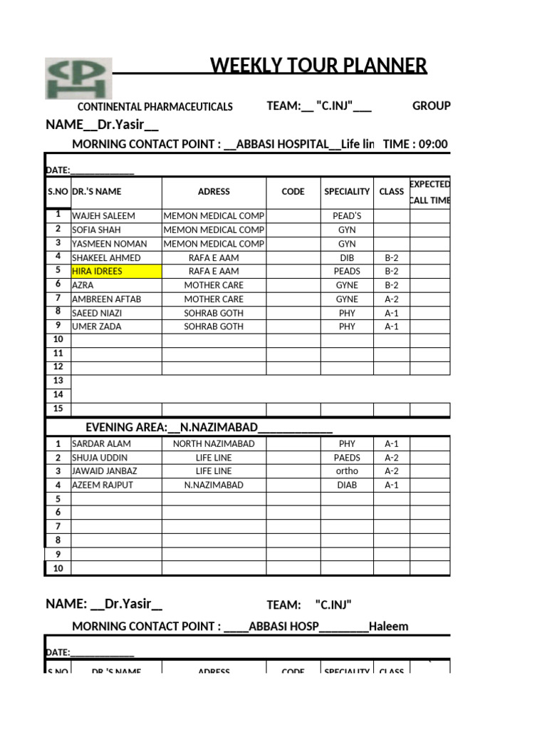Weekly Tour Planner: NAME - DR - Yasir | PDF