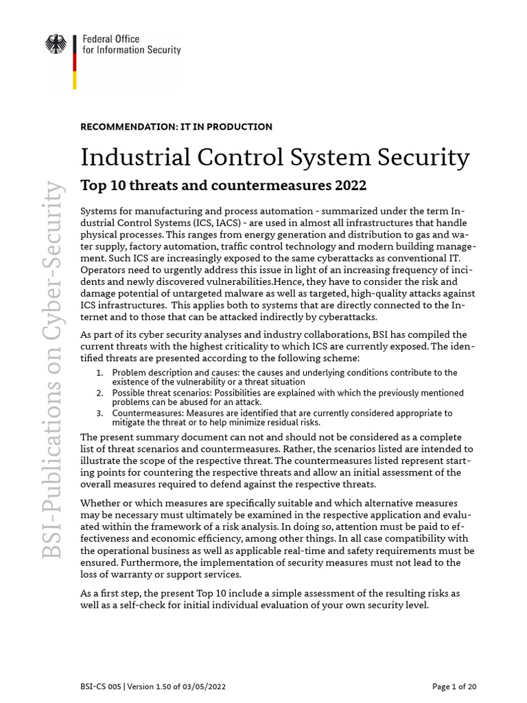 ICS Security - Top 10 Threats and Countermeasures 2022 | PDF