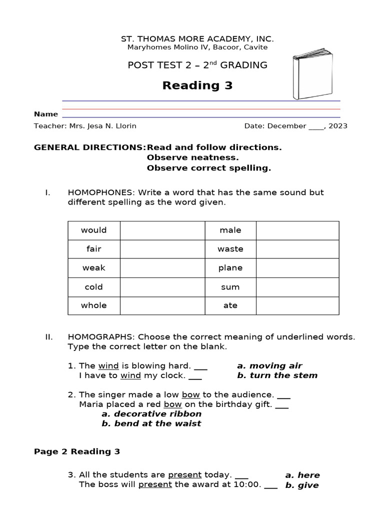 Q2 Post Test 2 Eng Grade 3 | PDF