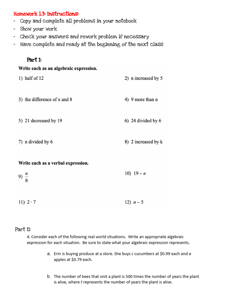 Algebraic Expressions Homework Guide | PDF