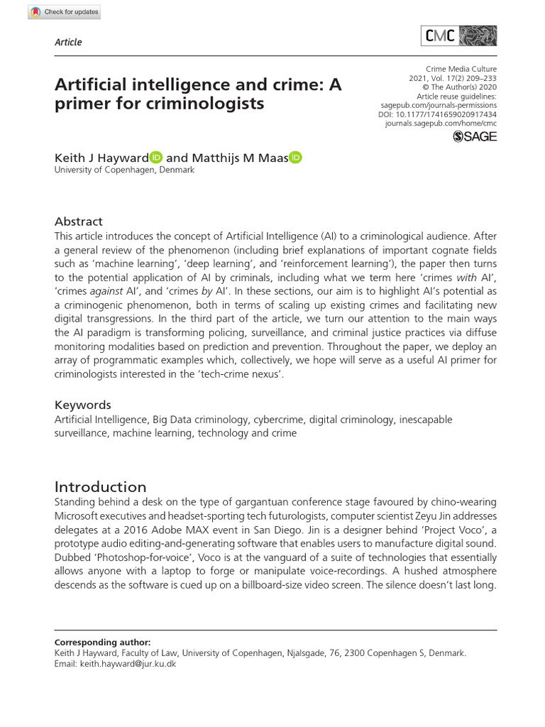 Artificial Intelligence and Crime: A Primer For Criminologists. Keith J ...