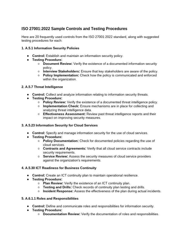 ISO+27001 2022+Sample+Controls+and+Testing+Procedures | PDF