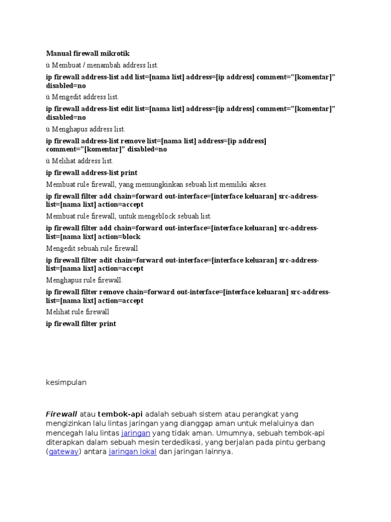 Konfigurasi Firewall Mikrotik Lengkap | PDF