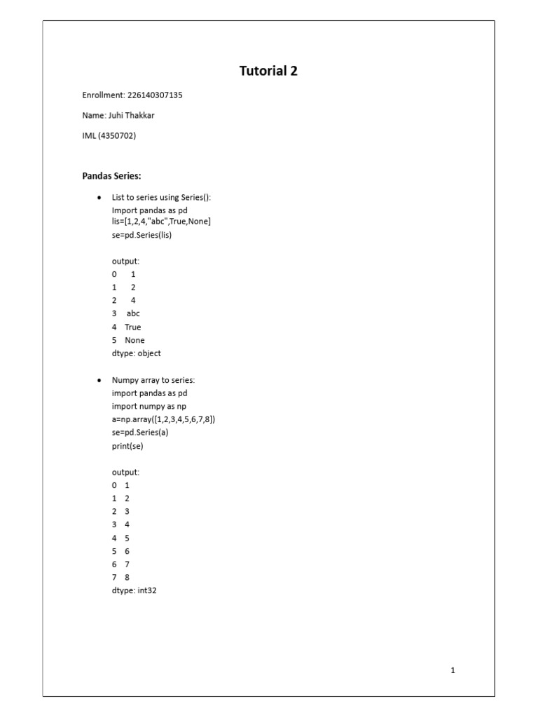 Tutorial 2: Pandas Series | PDF
