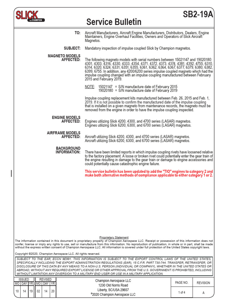 SB2-19A Service Bulletin: TO: Subject: Magneto Models Affected | PDF
