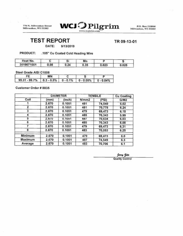 Test Report - Wire - 2.67mm Dia | PDF