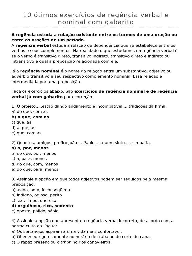 10 Ótimos Exercícios de Regência Verbal e Nominal Com Gabarito | PDF