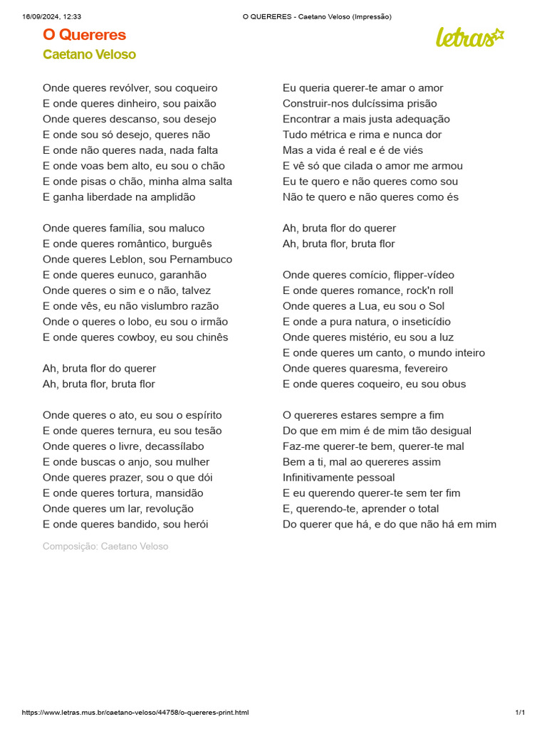 O QUERERES - Caetano Veloso (Impressão) | PDF