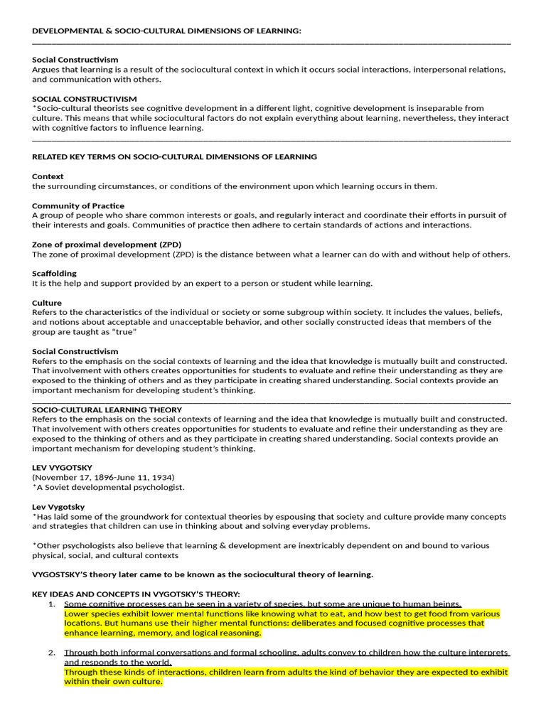 Socio-Cultural Dimensions of Learning | PDF | Constructivism ...