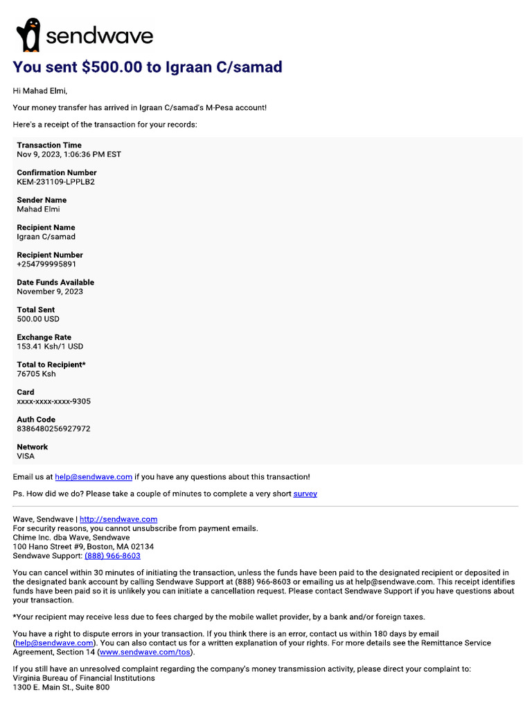 SendwaveReceipt 2023 11 09 | PDF