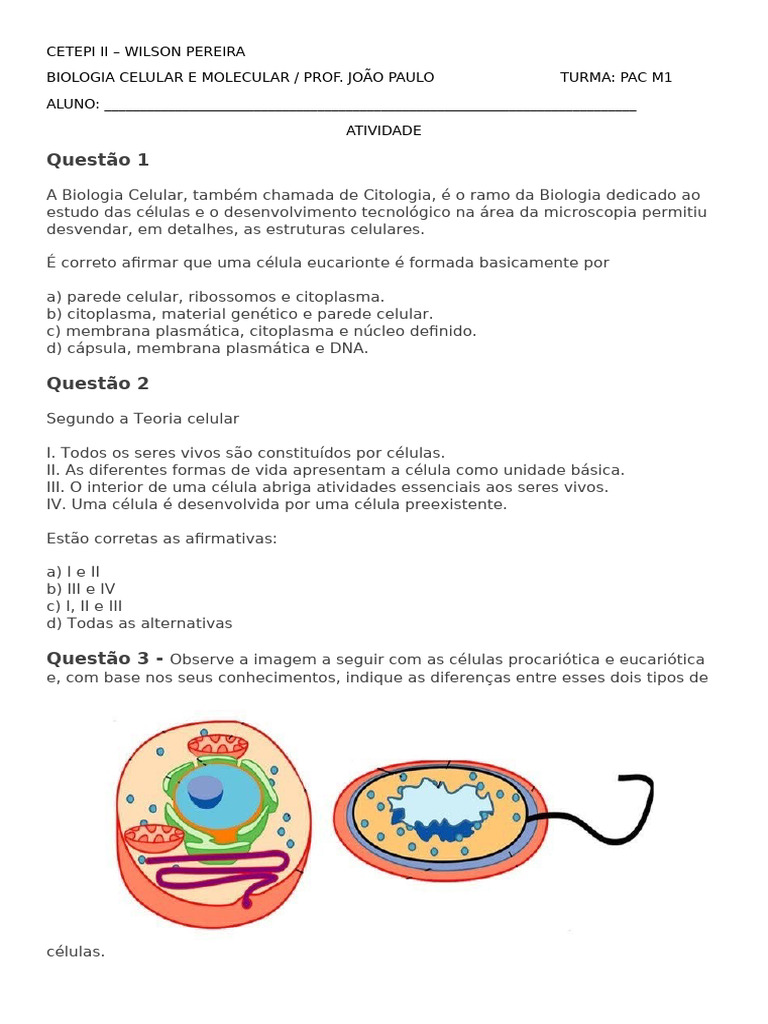 ATIVIDADE Biologia Celular e Molecular - 10 QUESTOES | PDF | Célula ...