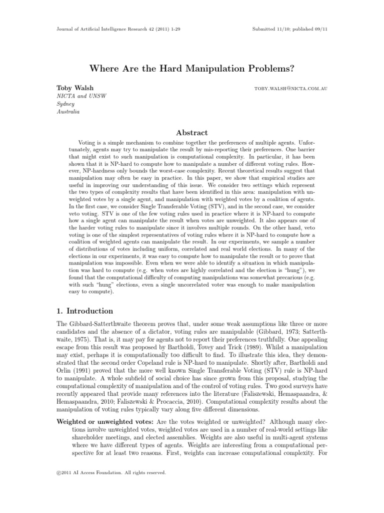 Where Are The Hard Manipulation Problems Author Toby Walsh | PDF ...