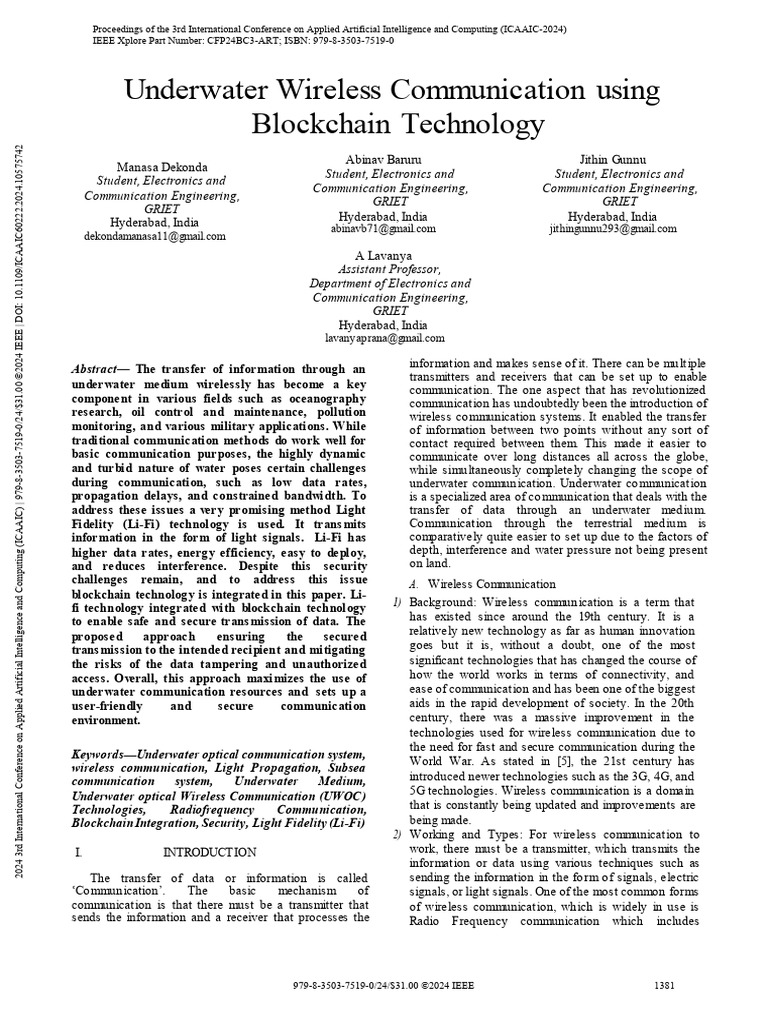 Underwater Wireless Communication Using Blockchain Technology | PDF