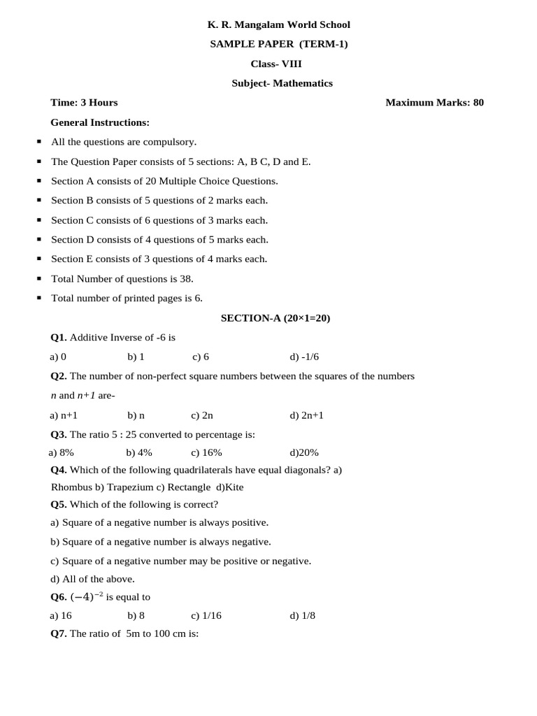 Class 8 Maths Sample Paper 80 Marks | PDF | Rectangle | Shape