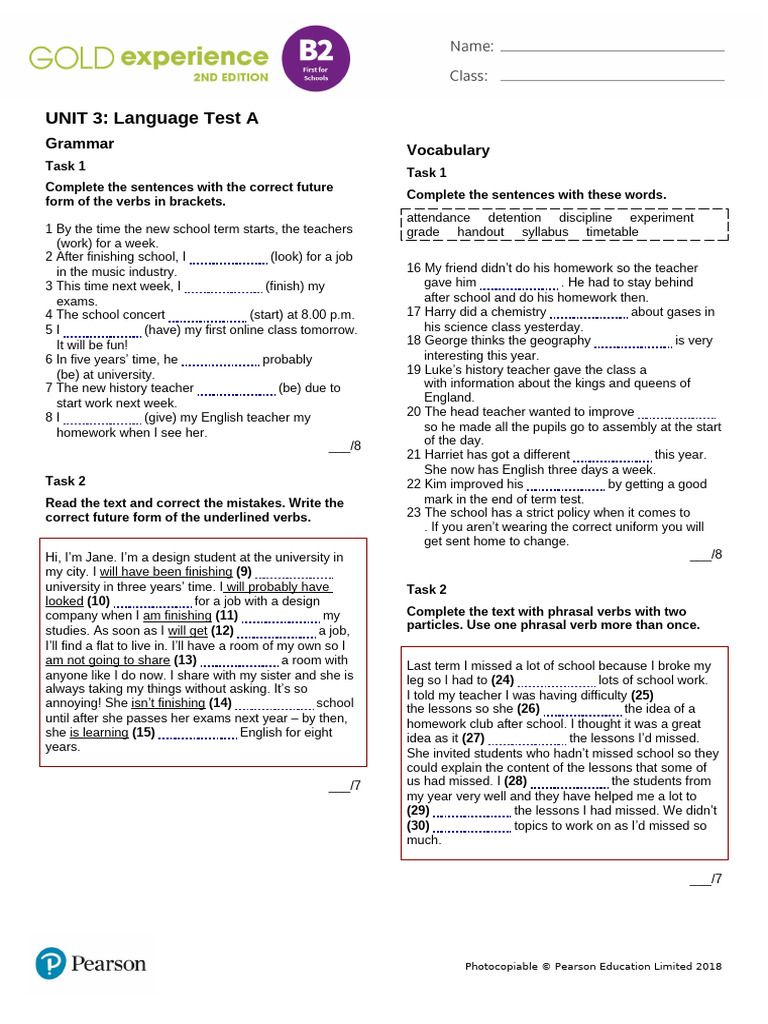 Gold Exp B2 U3 Lang Test A | PDF