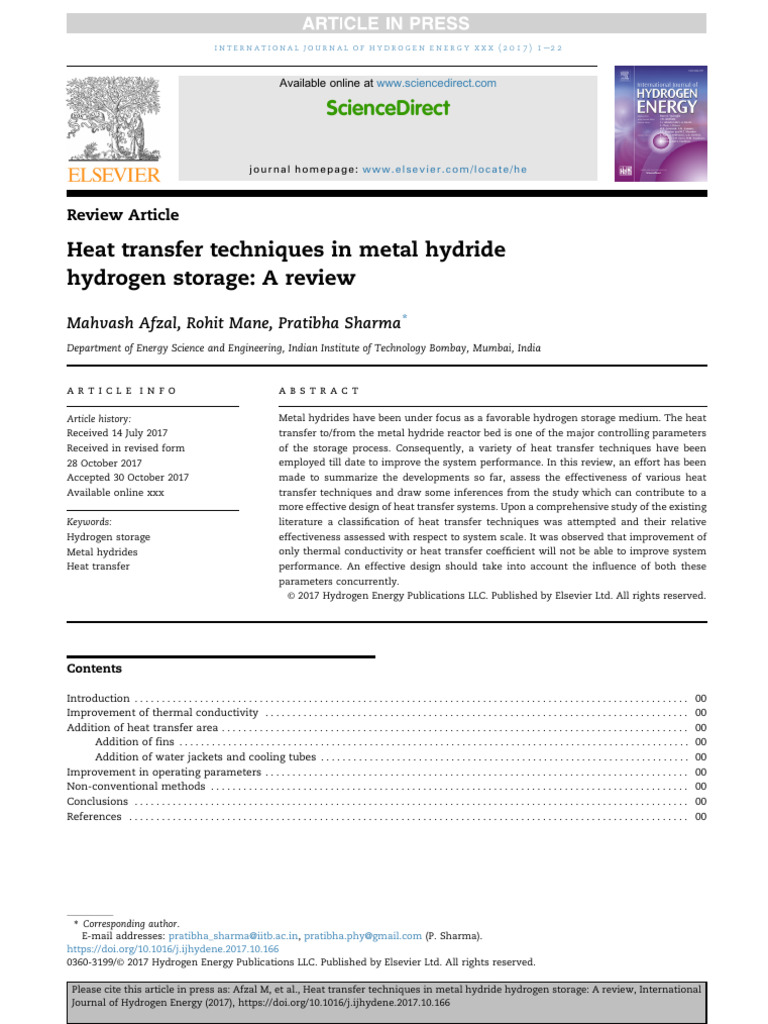 Heat Transfer Techniques in Metal Hydride Hydrogen Storage A Review | PDF