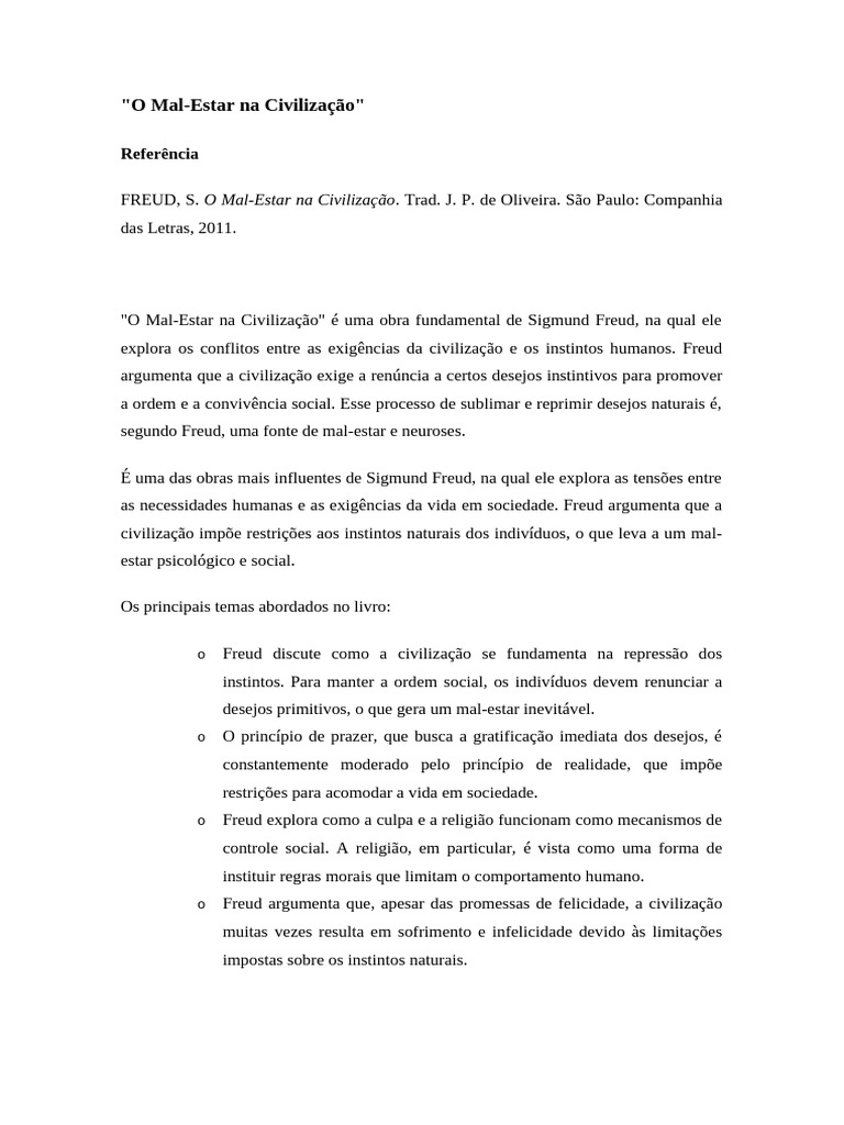 O Mal-Estar Na Civilização Freud | PDF