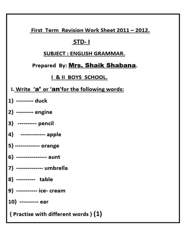CBSE Class 1 English Worksheets (40) English Grammer PDF