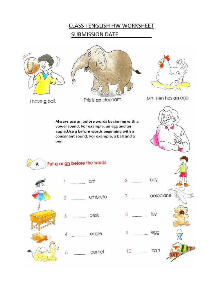 CBSE Class 1 English Worksheets (63) A An PDF