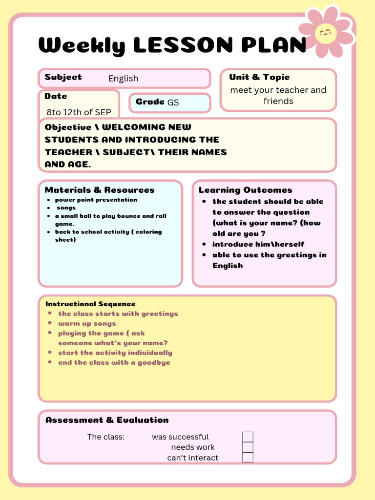 Daily Lesson Plan Worksheet For Entry Week | PDF