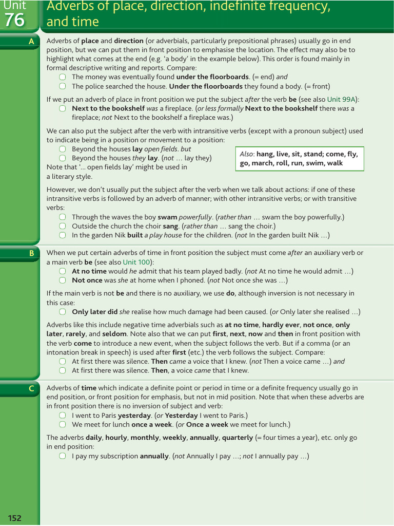 76 Adverbs of Place, Direction, Indefinite Frequency, and Time | PDF