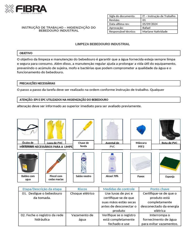 Instrução de Trabalho Higienização de Bebedouro | PDF
