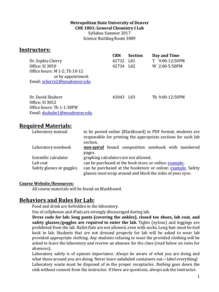 General Chemistry I Lab Syllabus | PDF | Information | Wellness