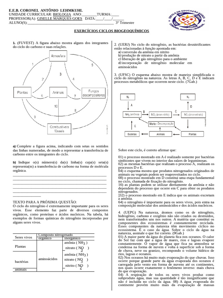 Exercícios sobre Ciclos Biogeoquímicos | PDF | Agua | Nitrógeno