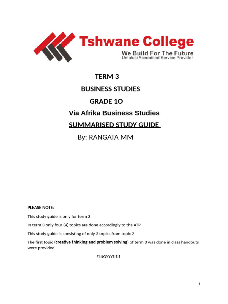 Term 3 Business Studies Study Guide Pdf Marketing Business