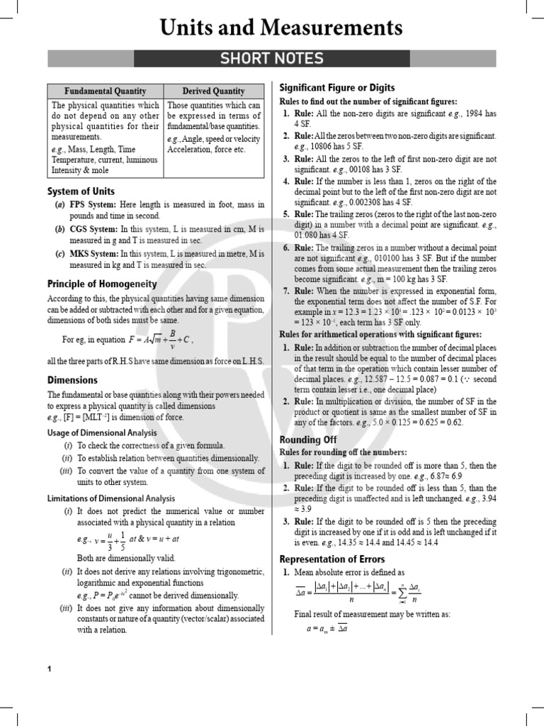 1. Unit and Measurement _ Short Notes | PDF
