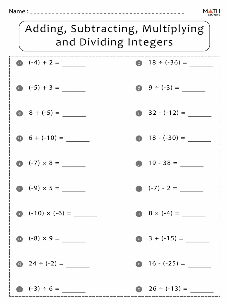 Adding Subtracting Multiplying and Dividing Integers Worksheet | PDF