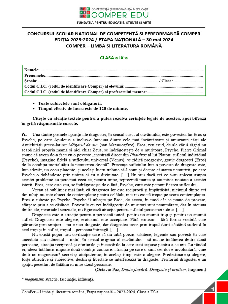 Subiect Comper Romana EtapaN 2023 2024 Clasa9 | PDF