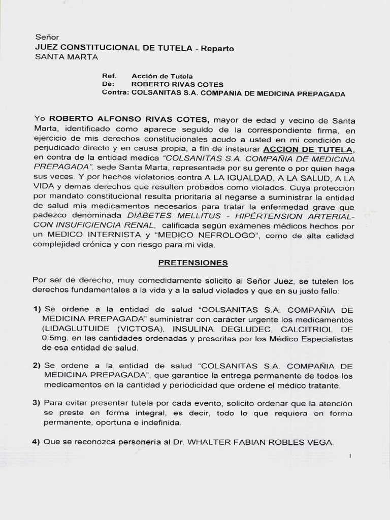 Tutela Roberto Rivas Cotes - Colsanitas | PDF