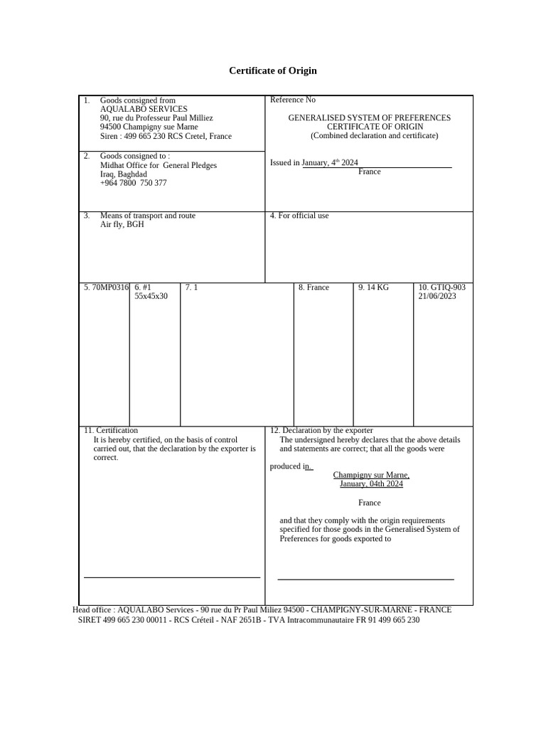 Certificate of Origin | PDF